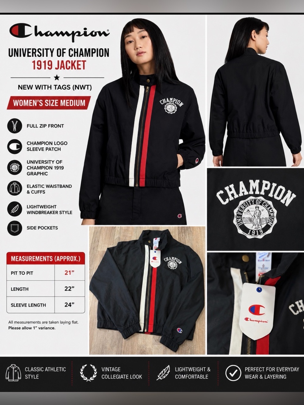 Champion University of Champion 1919 Jacket NWT Size Medium Black Womens